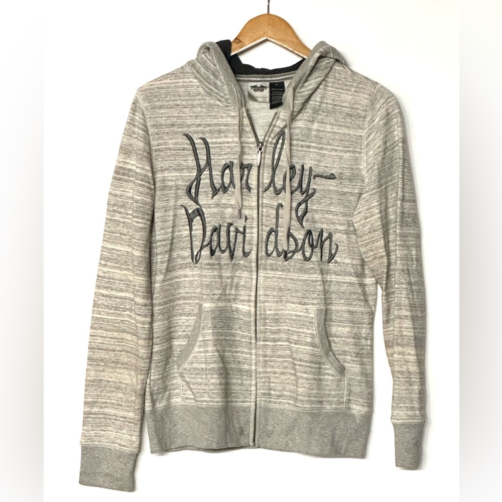 Harley Davidson Women’s Gray Heathered Embroidered Full Zip‎ Hooded Sweater Sz L